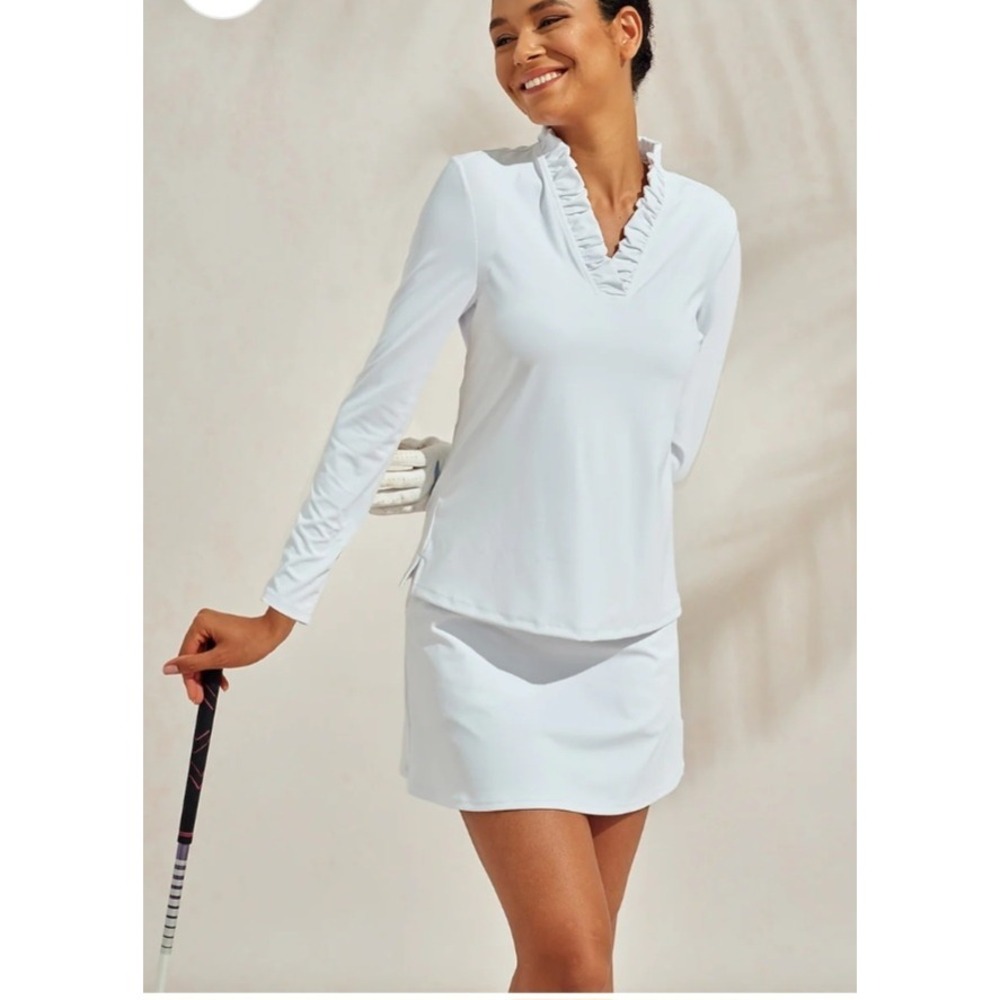 Acegolfs Womens White Ruffle V-Neck Long Sleeve Golf Top UPF 50+ Size M NEW